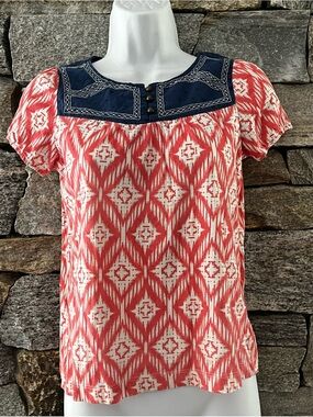 Lucky Brand Coral and Cream Patterned Short Sleeve Top with Navy Yoke